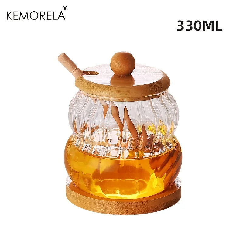KEMORELA Glass Honey Jar with Wooden Spoon & Lid – 330/450ML Glass Honey Jar Axl Small