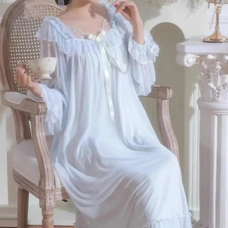 Women's Lace Mesh Nightgown – Bow Long-Sleeve Nightdress Women's Nightgown Axl