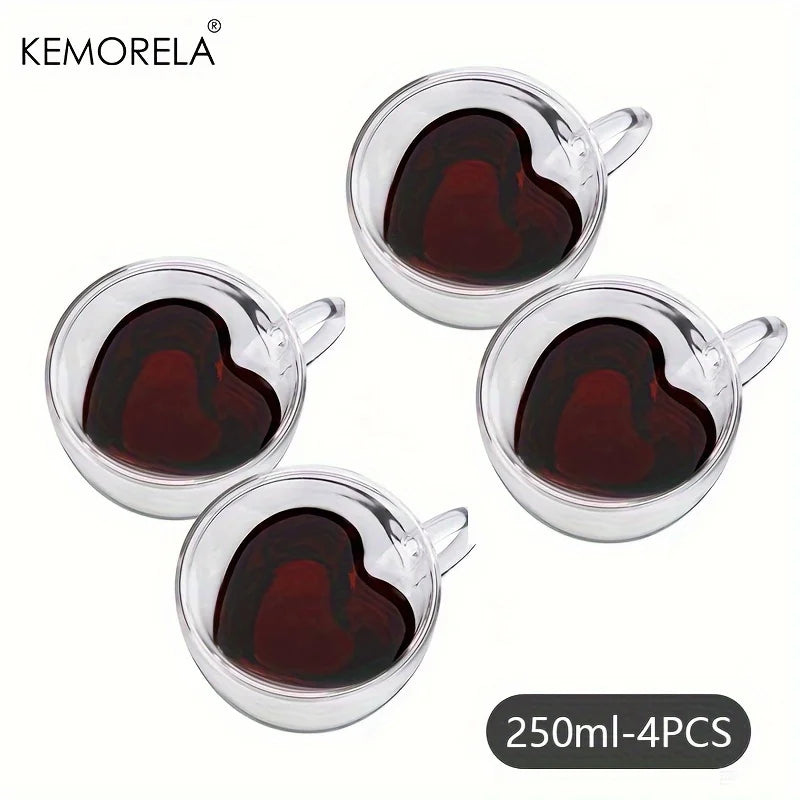 KEMORELA 4PCS Heart Double Wall Borosilicate Glass Mugs Glass Mug Set Axl 250ML-4PCS 150-250ml