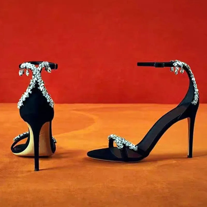 Women's Rhinestone Crystal High Heel Sandals – Ankle Strap High Heel Sandals Axl