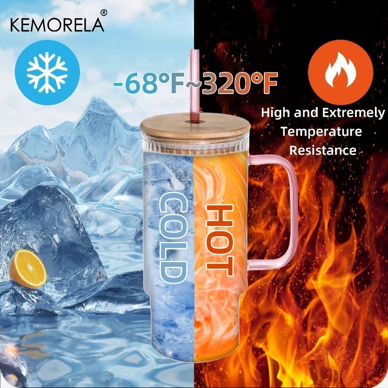 900ml Ribbed Glass Tumbler with Bamboo Lid & Straw | KEMORELA Glass Tumbler Axl