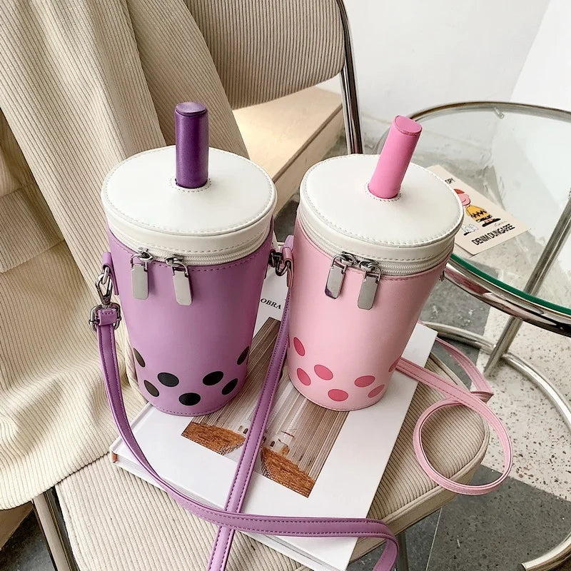 Cartoon Milk Tea PU Bucket Crossbody Bag for Women Crossbody Bucket Bag Axl