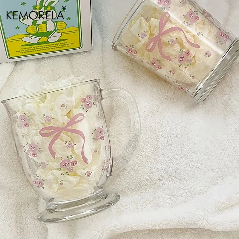 KEMORELA 450ml Floral Rose Glass Cup | U-Shaped Coffee Glass Glass Coffee Cup Axl