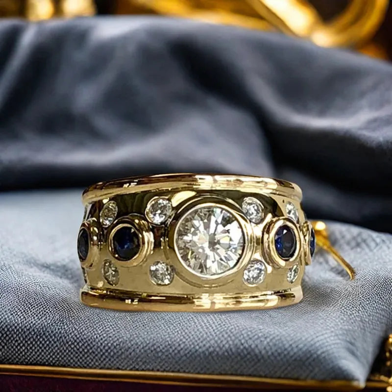 Huitan Gold-Tone CZ Ring – Blue & White Cubic Zirconia Women Fashion CZ Ring Axl