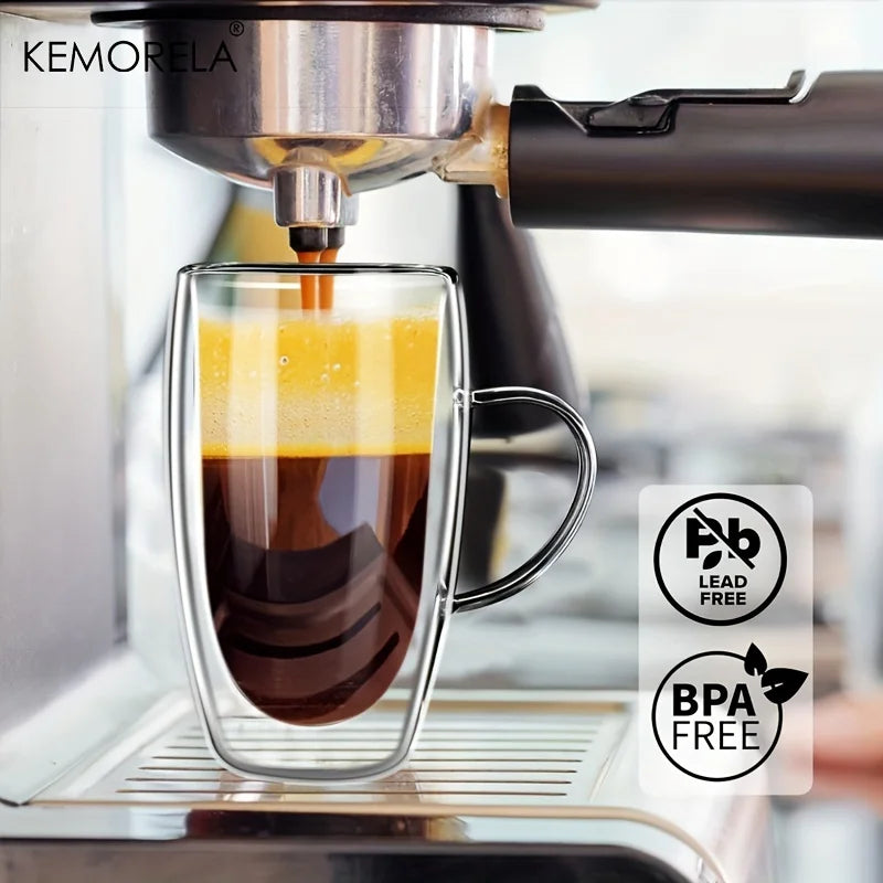 Double Wall Glass Coffee Mugs Set of 2 with Lid & Spoon | KEMORELA Glass Coffee Mug Set Axl