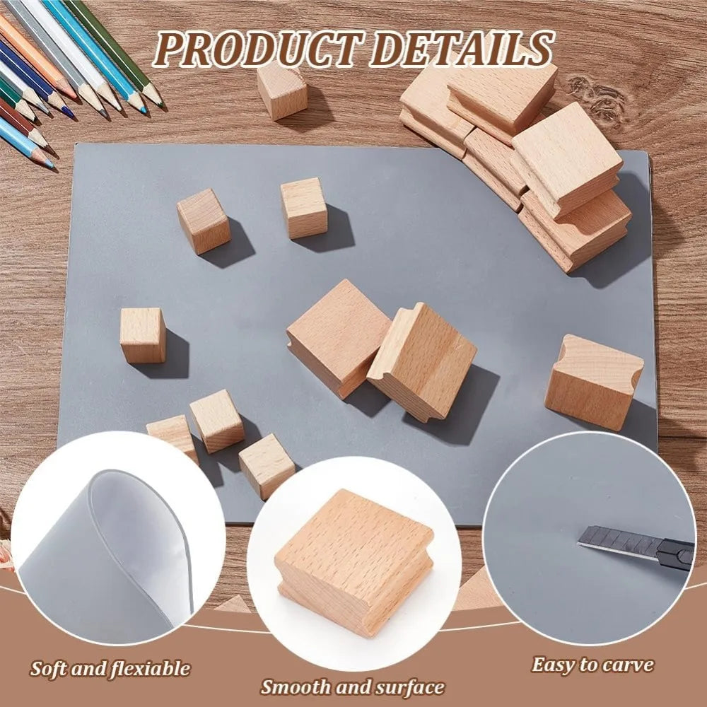 20-Pc Blank Rubber Stamp Set – Beechwood Mounts & Engraving Sheet Stamp Making Kit Axl