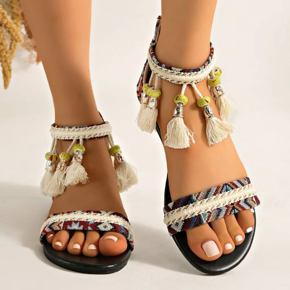Bohemian Tassel Women's Flat Gladiator Sandals – Round Toe Women's Flat Sandals Axl