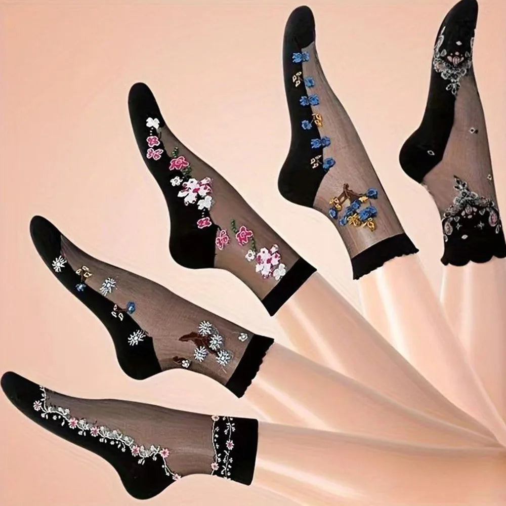 Women's Floral Mid-Tube Socks – 5 Pairs Breathable Casual Women's Casual Socks Axl 5 pairs mix-1 One Size
