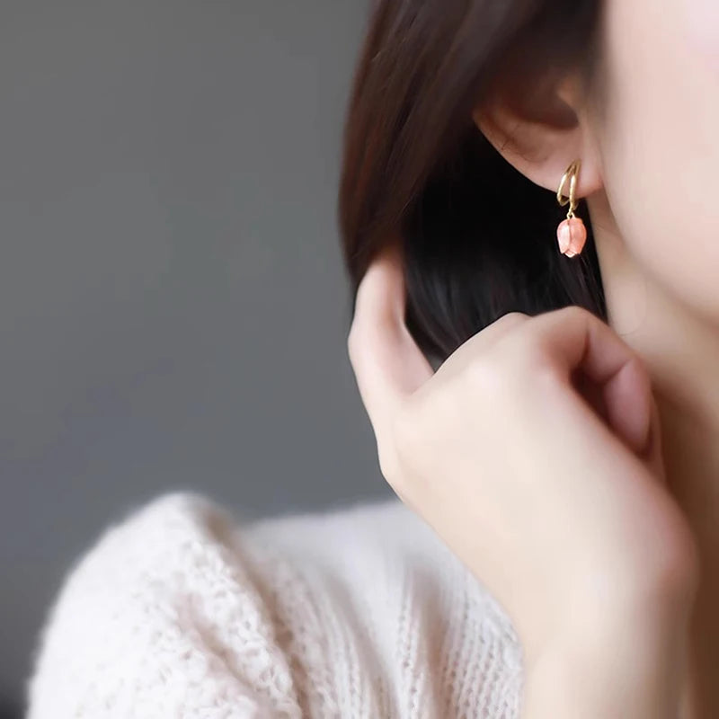 Huitan Pink Tulip Flower Drop Earrings – Gold Dangle Jewelry Dangle Earrings Axl