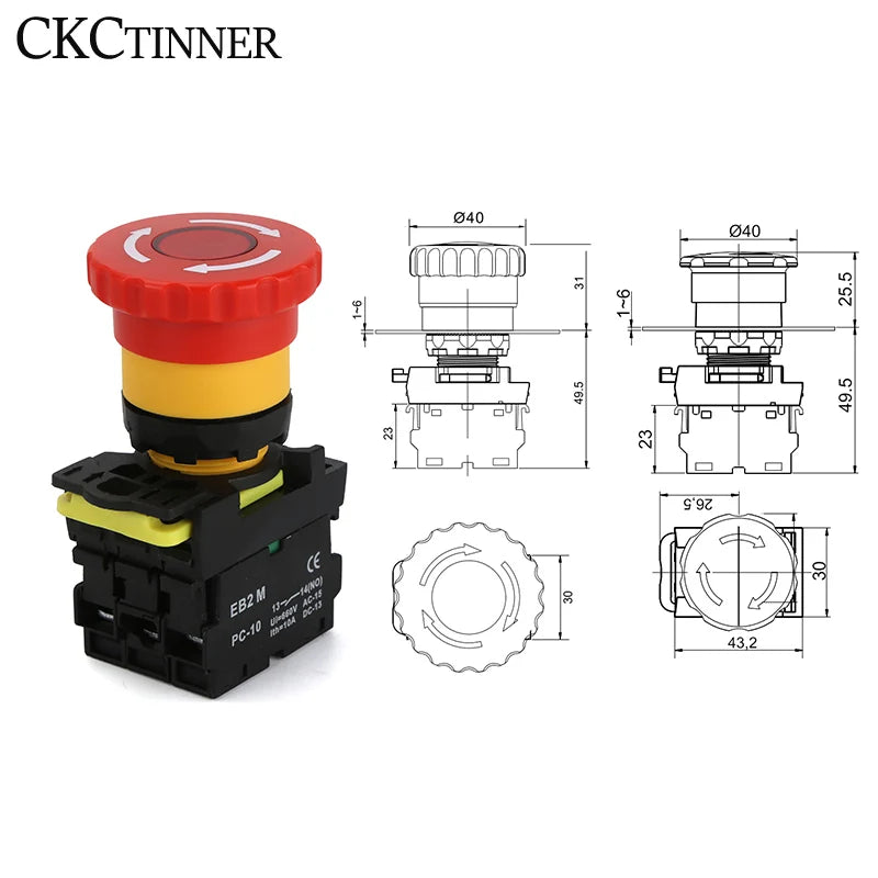 22mm Mushroom Cap Emergency Stop Rotary Switch 10A 660V Lamp Emergency Stop Switch Axl