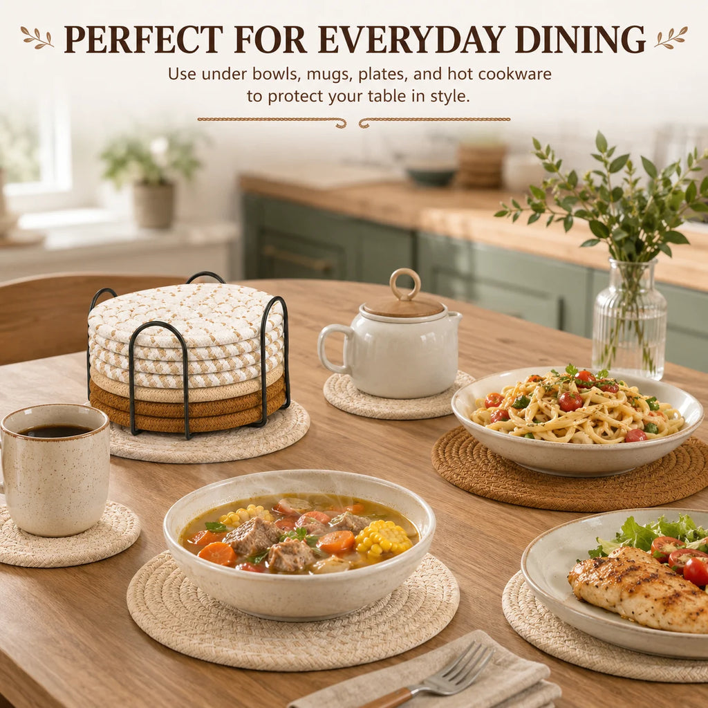9-Piece Woven Jute Placemat & Coaster Set with Holder | Boho Woven Placemat Set Axl