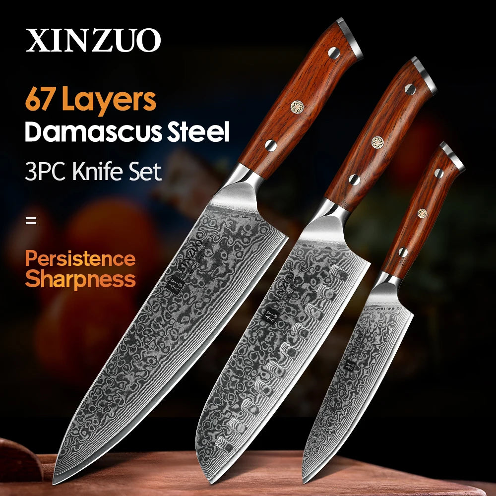 XINZUO 67-Layer Damascus Steel Kitchen Knife Set – Rosewood Damascus Knife Set Axl