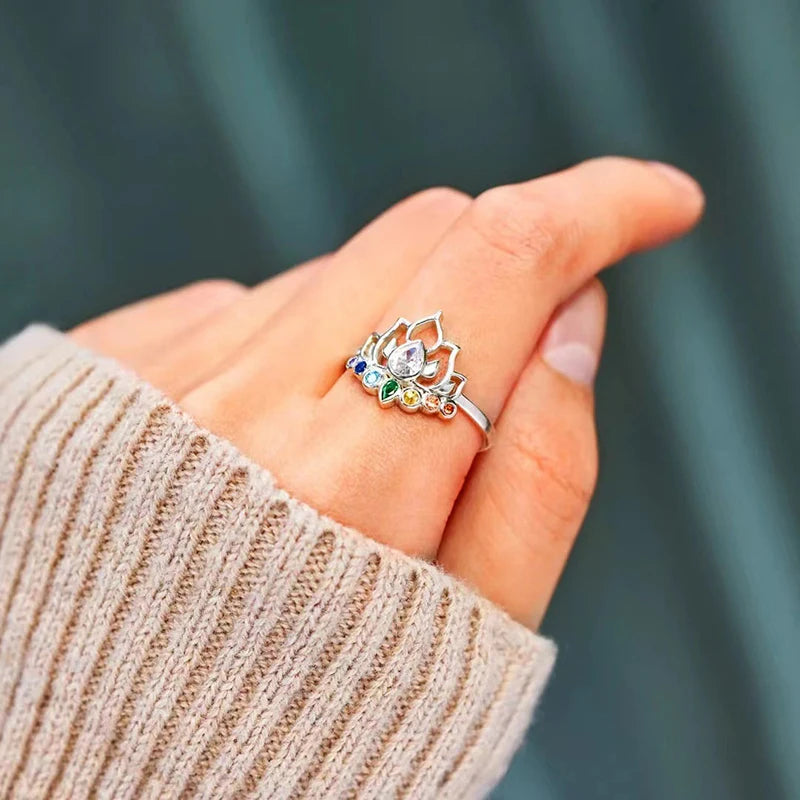 Huitan Lotus Flower Ring – Colorful CZ Statement Ring for Women Fashion Statement Ring Axl