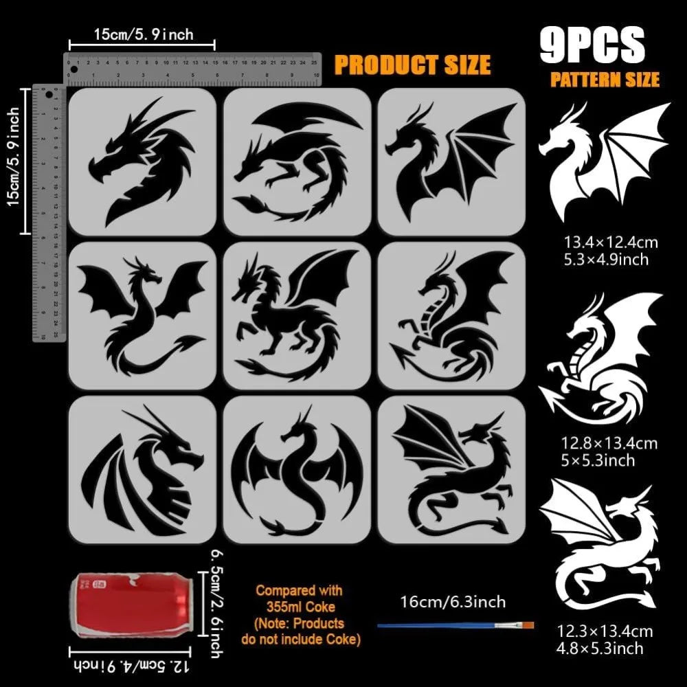 9-Piece Dragon Stencil Set 5.9" – Reusable Templates & Brush Craft Stencil Set Axl