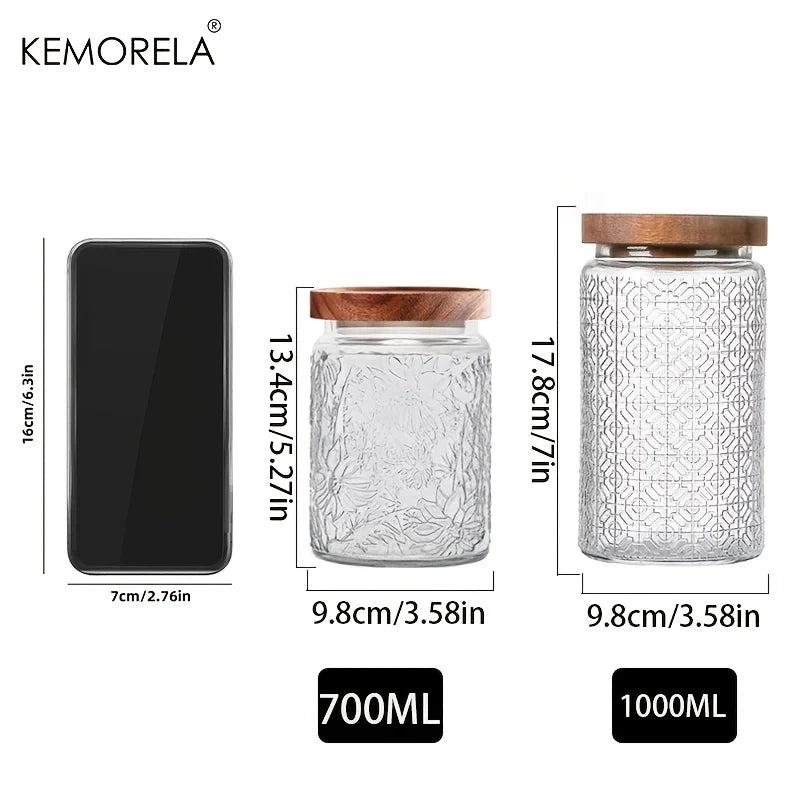 KEMORELA Vintage Glass Storage Jar – Airtight Wooden Lid 700/1000ml Glass Storage Jar Axl