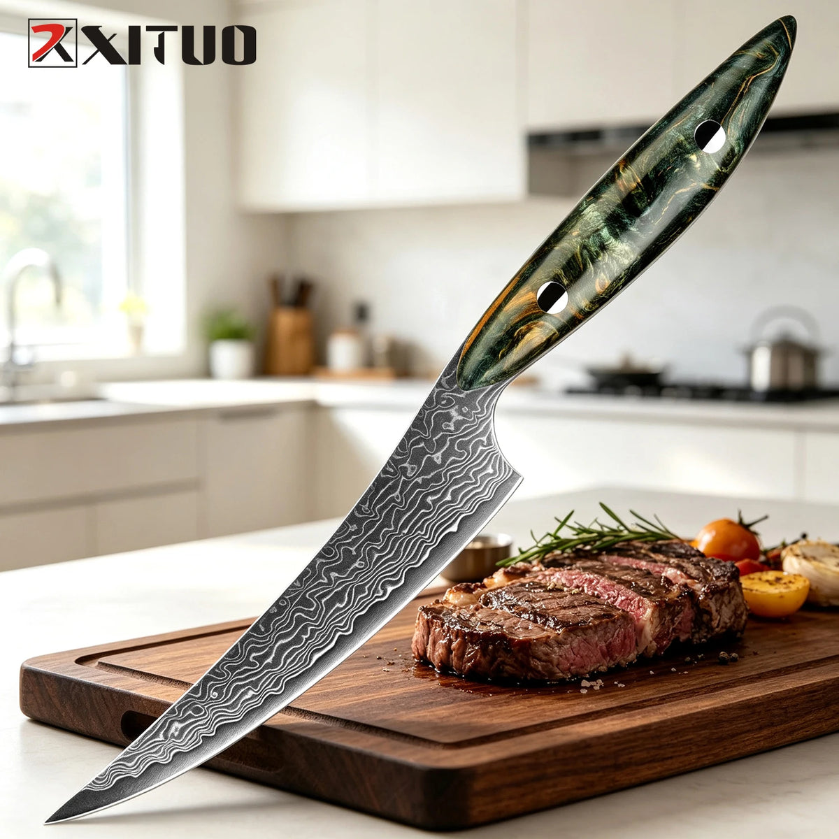 XITUO 5" Damascus Steel Japanese Kitchen Utility Knife Kitchen Utility Knife Axl Stabilized Wood