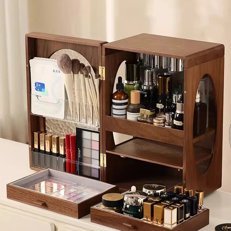 Walnut Wood Drawer Makeup Organizer – Large Cosmetic Storage Makeup Organizer Axl