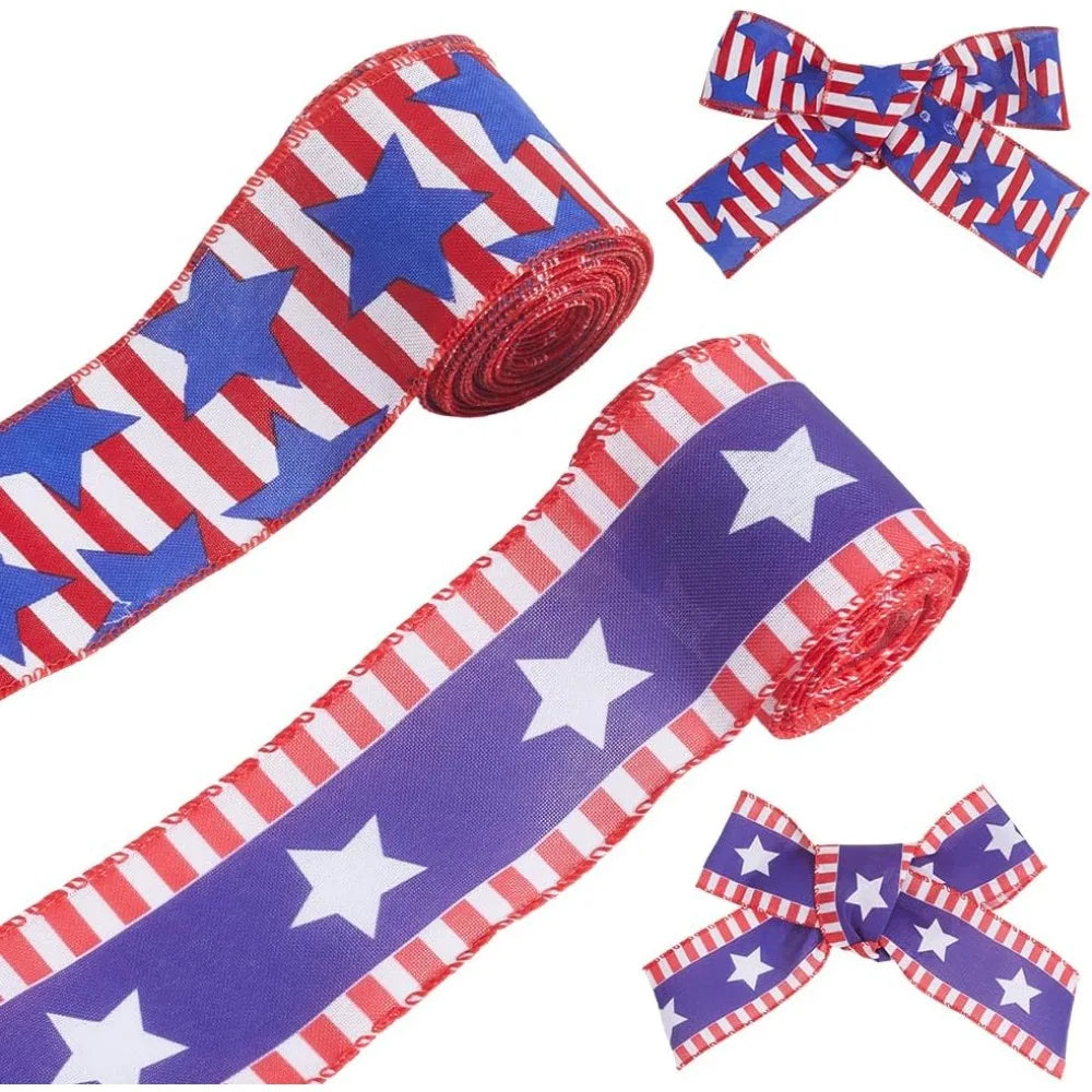 Patriotic Star Ribbon 2 Rolls – Red White Blue Polyester 60mm Decorative Ribbon Axl AECH04-18302