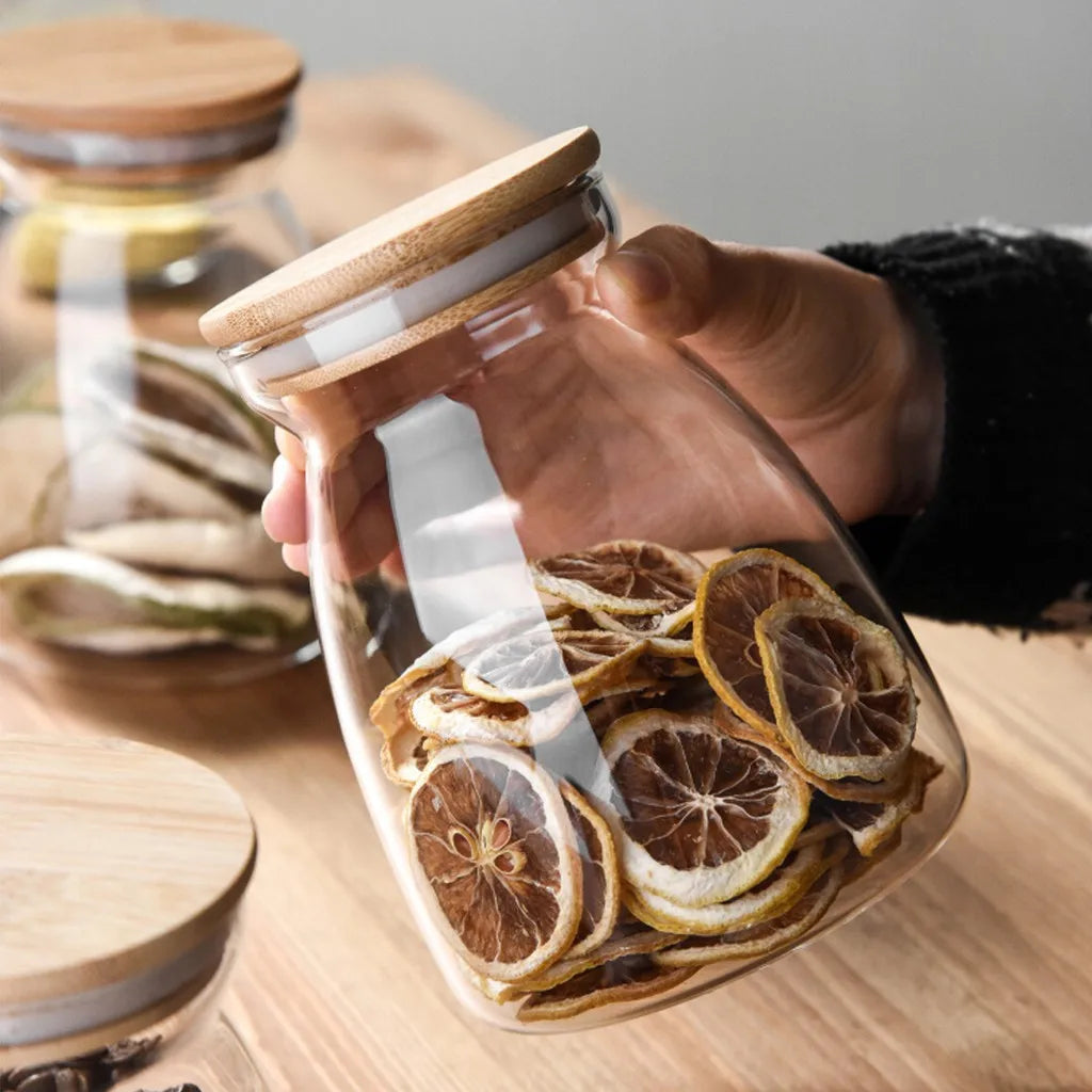 KEMORELA Glass Airtight Canister with Wood Lid | Kitchen Storage Glass Storage Canister Axl