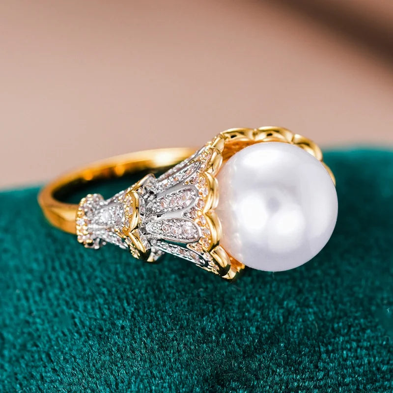 Huitan Imitation Pearl & CZ Engagement Ring for Women Fashion Ring Axl