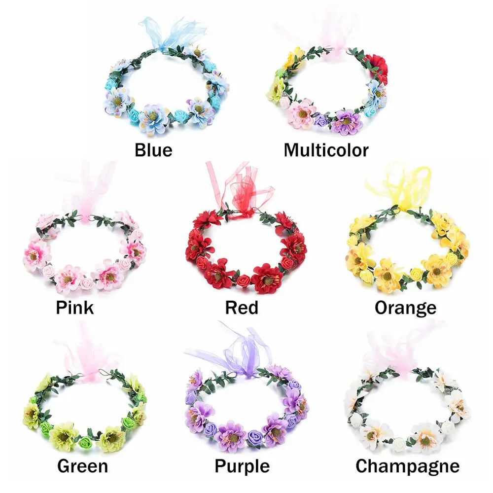 Floral Rose Crown Headband – Adjustable Ribbon Bridal Halo Floral Crown Headband Axl