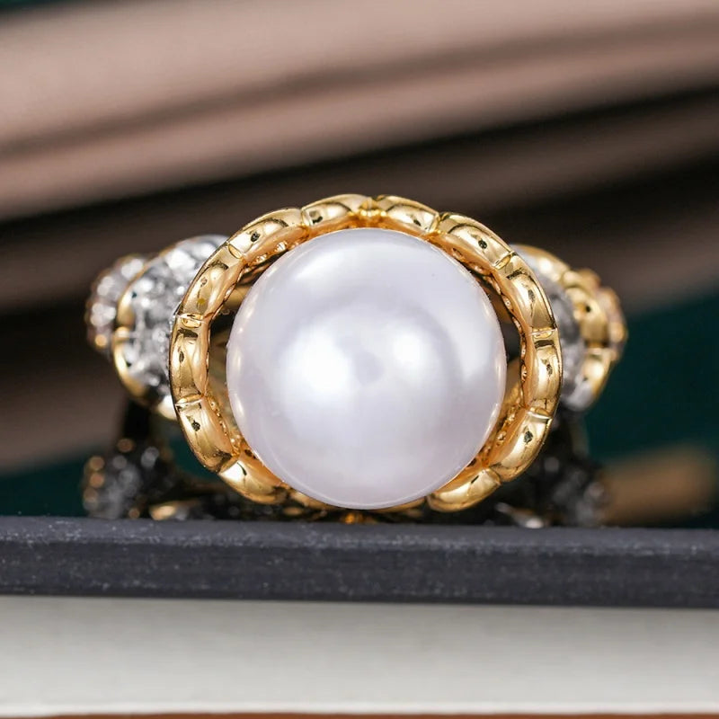 Huitan Imitation Pearl & CZ Engagement Ring for Women Fashion Ring Axl