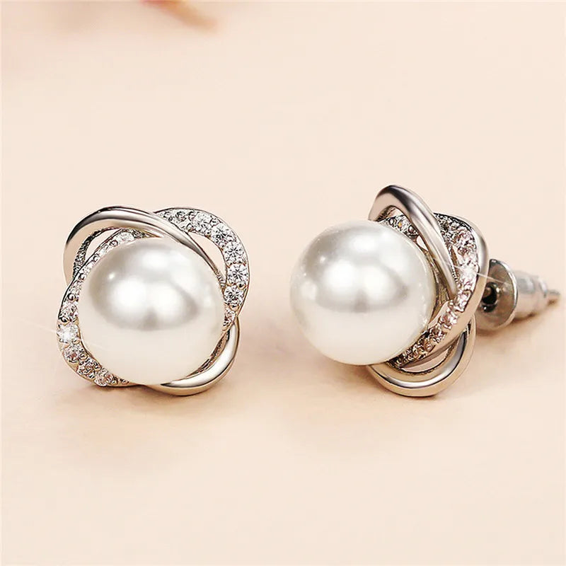 Huitan Pearl & CZ Stud Earrings – Elegant Women's Jewelry Pearl Stud Earrings Axl E304