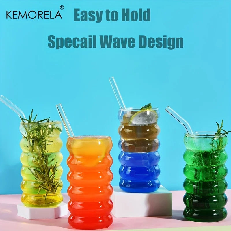 500ml Wave Ripple Drinking Glasses with Straws | Set of 1–4 Drinking Glass Set Axl