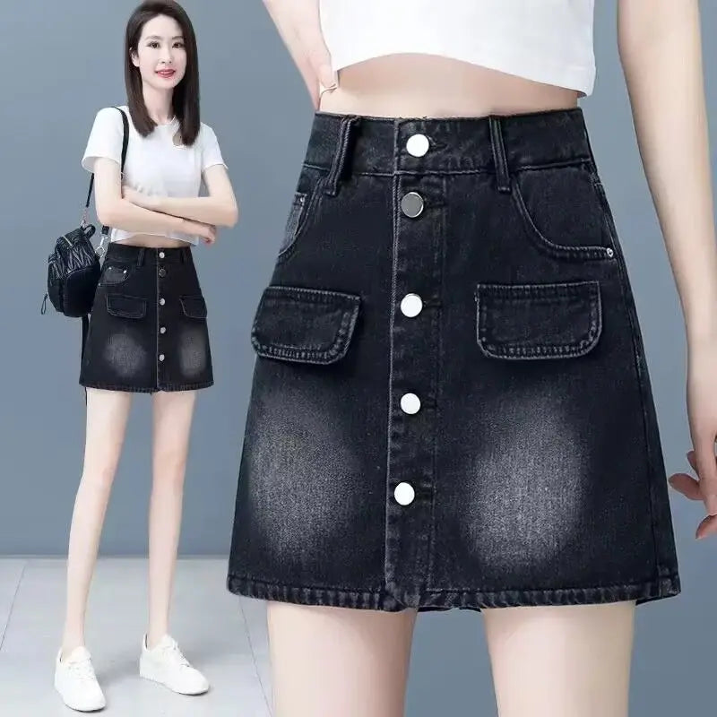 Women's Denim Mini Cargo Skirt – Button Fly A-Line with Pockets Denim Mini Skirt Axl Black S