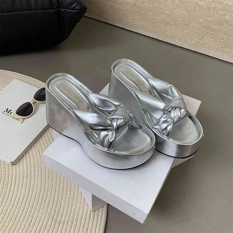 Women's Wedge Platform Slides – Summer Beach Sandals Wedge Platform Slides Axl silver 38
