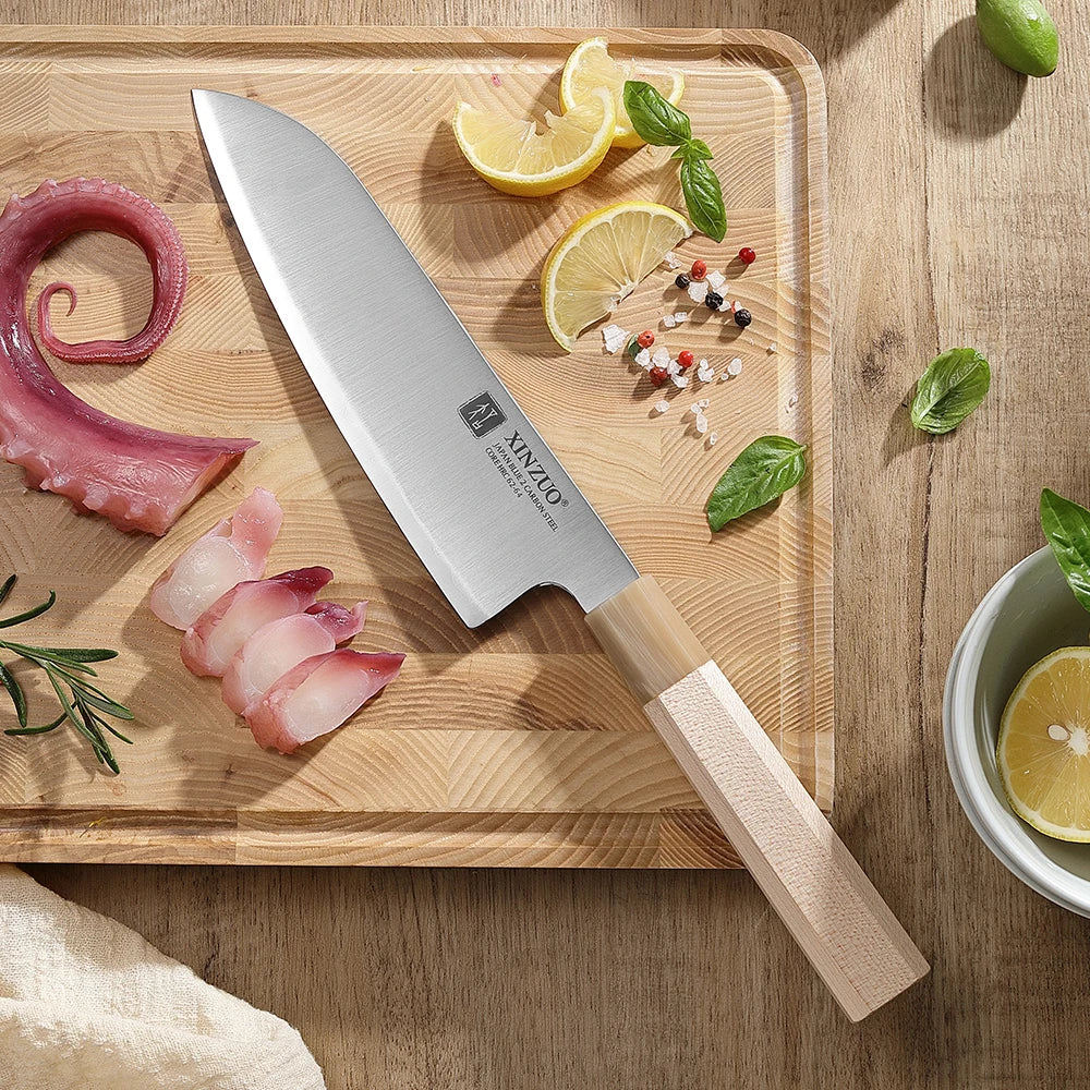 XINZUO Santoku Knife 7.24" Aogami No.2 Steel | Maple Horn Handle Japanese Santoku Knife Axl