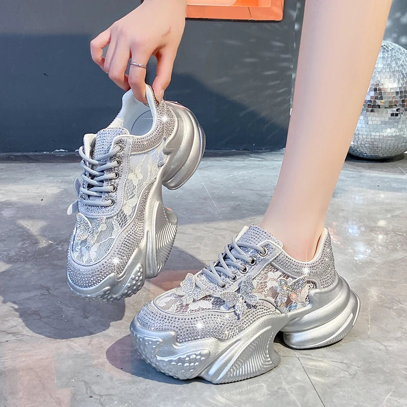 Women's Platform Sneakers – Butterfly Bling Lace-Up Casual Shoe Platform Sneakers Axl