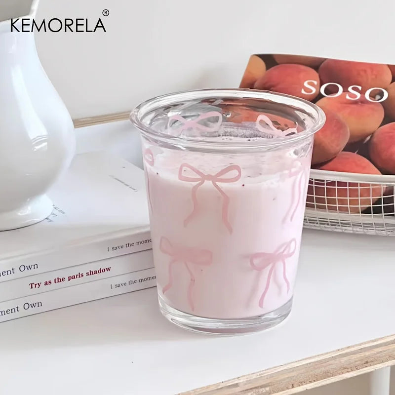 KEMORELA Pink Bow Glass Cup 320ml – Cute Iced Coffee Cup Glass Drinking Cup Axl