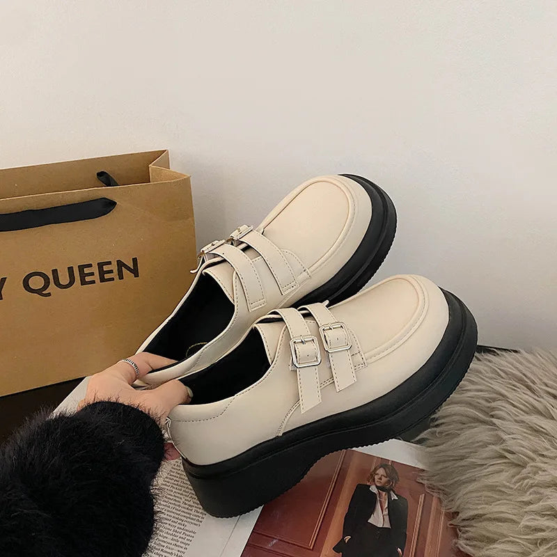 Women's Platform Loafers – Round Toe Mary Jane Buckle Flats Women's Loafer Flats Axl beige 40