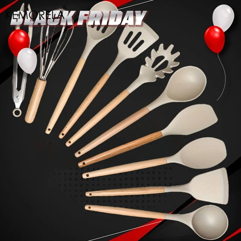 KEMORELA 10-Pc Silicone Cooking Utensils Set – Wood Handle Cooking Utensil Set Axl