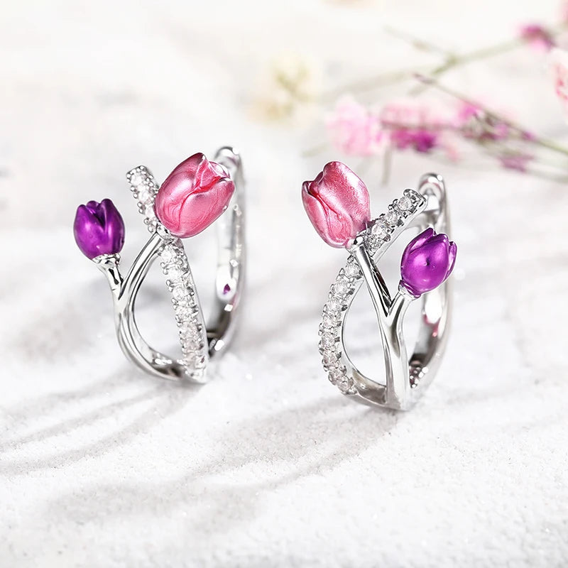 Huitan Pink Purple Tulip Hoop Earrings – CZ Flower Jewelry Hoop Earrings Axl