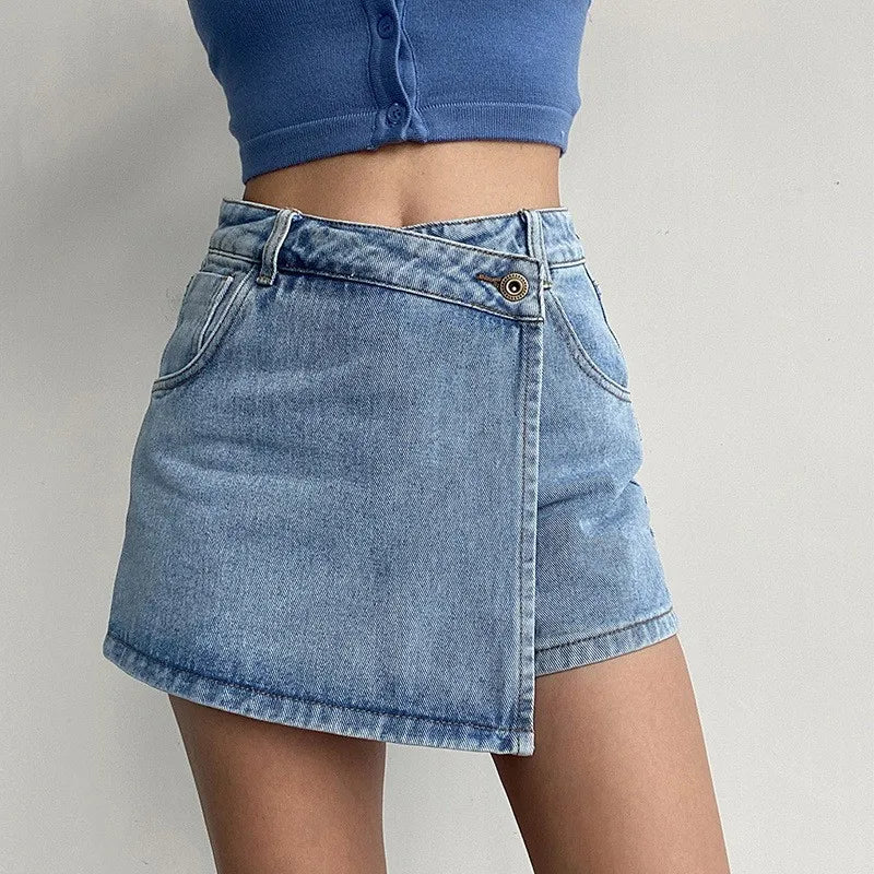 Women's High-Waist Denim Skort – Fake Two-Piece Jean Skirt Denim Skort Axl