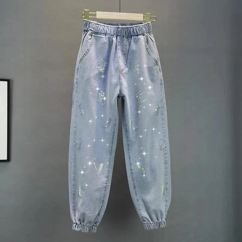 Women's Rhinestone Loose Denim Jeans Light Blue Plus Size S-5XL Women's Denim Jeans Axl