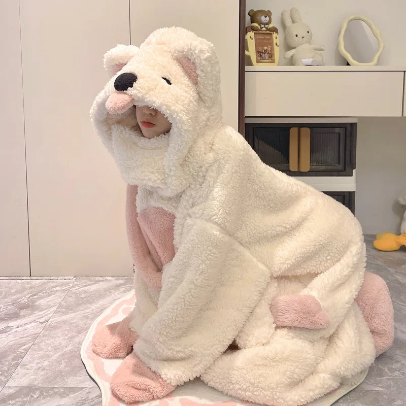 Cute Dog Cartoon Women's Fleece Hooded Pajama Set | Warm & Cozy Women's Fleece Pajamas Axl