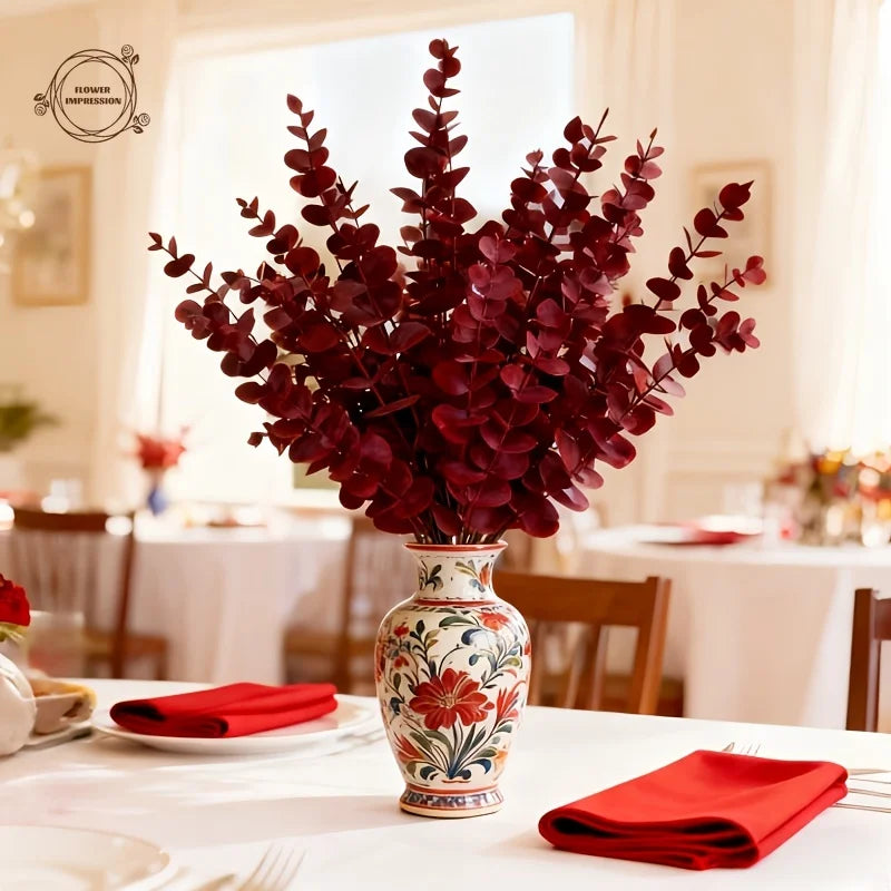 25 Pcs Wine Red Artificial Eucalyptus Branches – Faux Foliage Artificial Plant Stems Axl