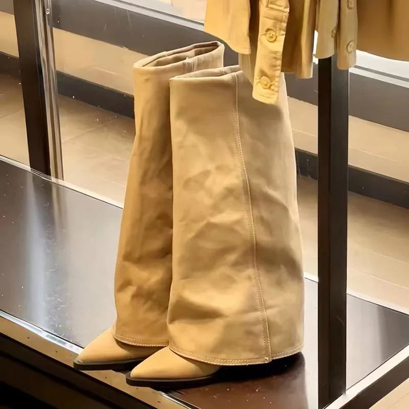 Women's Corduroy Knee-High Boots Pointed Toe Low Heel Knee-High Boots Axl