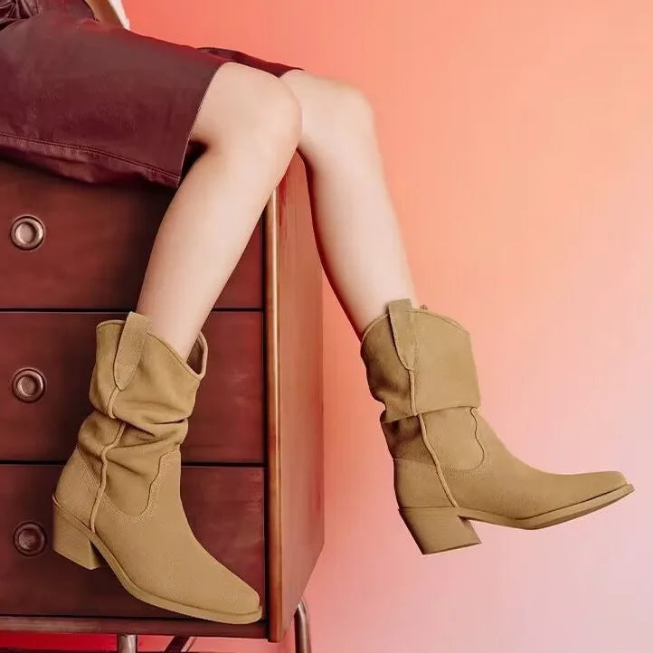 Women's Chunky Heel Western Ankle Boots – Faux Suede Pointed Toe Western Ankle Boots Axl
