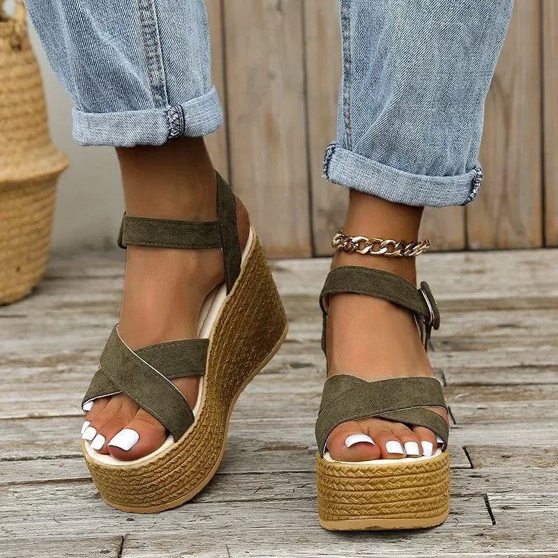 Women's Wedge Platform Sandals – Peep Toe Buckle Strap Heels Wedge Platform Sandals Axl 37 green