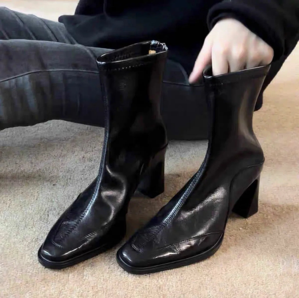Women's Thick Heel Ankle Boots – Retro Square Toe High Heels Ankle Boots Axl black 7cm single 35