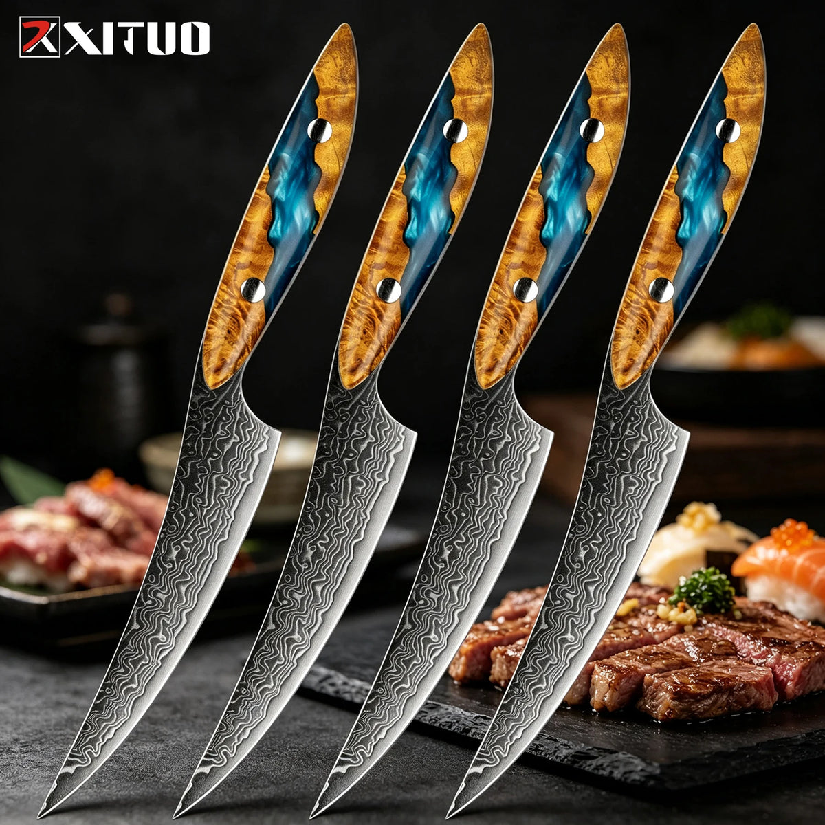 XITUO Damascus Steel Steak Knives Set 1–4 | Full Tang Handle Steak Knife Set Axl 4PCS Steak Knife