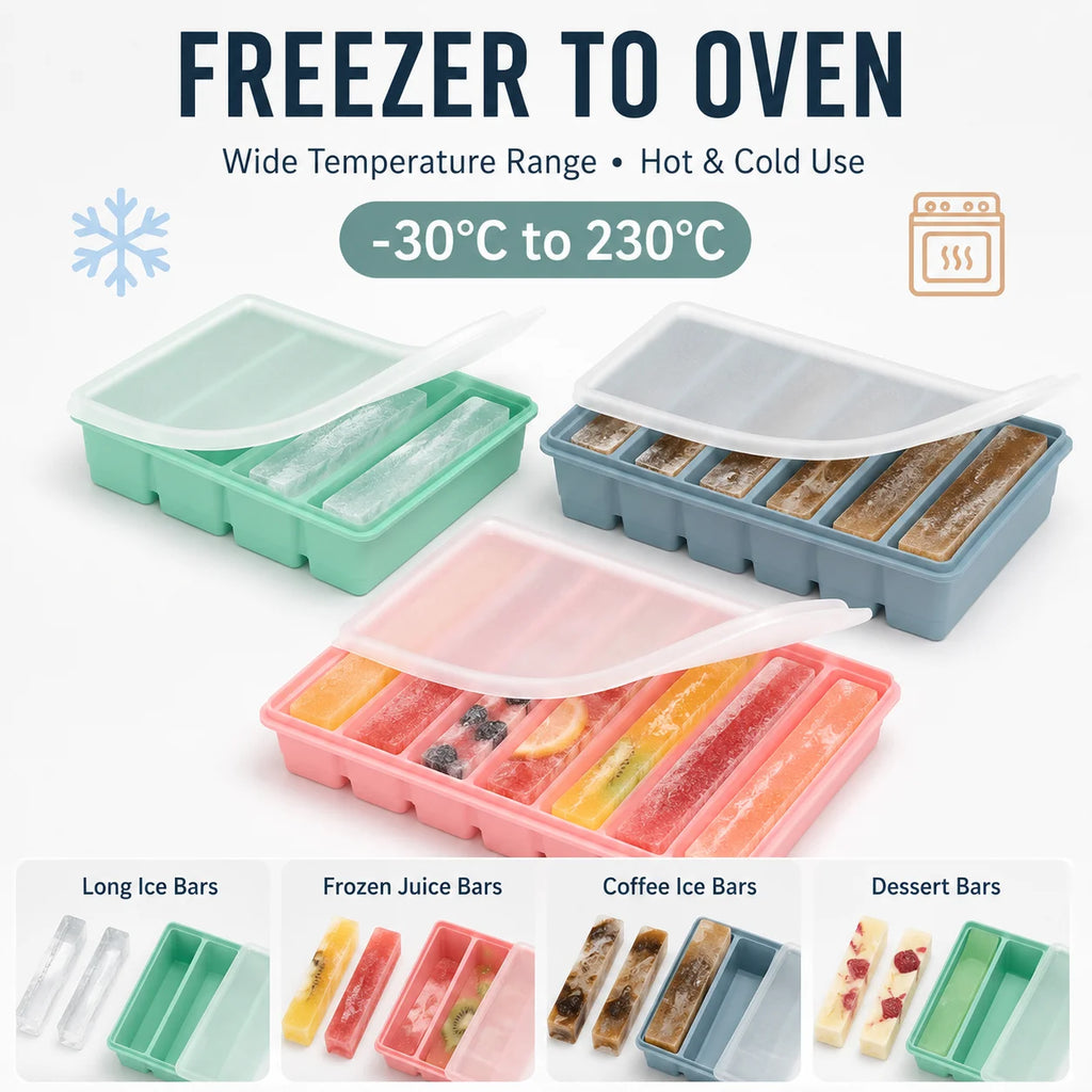 Silicone Long Ice Stick Tray with Lid – Oven Safe, Stackable Silicone Ice Tray Axl