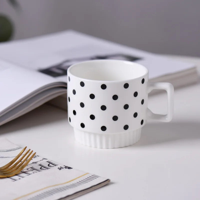 KEMORELA Nordic Ceramic Mug – Stackable Coffee & Tea Cup Ceramic Coffee Mug Axl Polka Dots 301-400ml