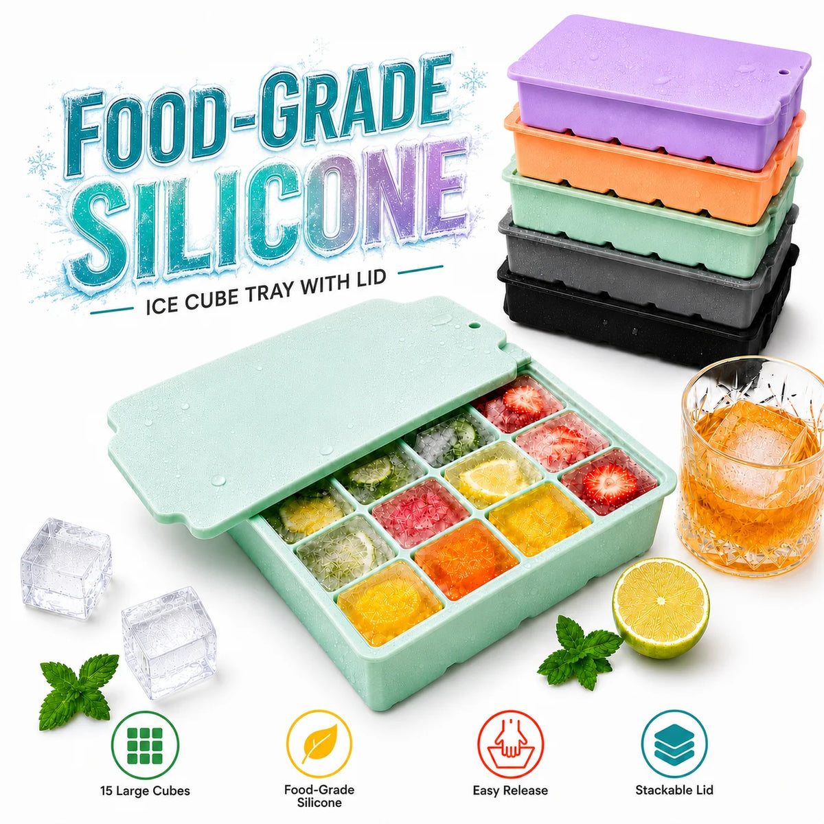 15-Grid Silicone Ice Cube Tray with Lid | Large Square Ice Mold Silicone Ice Cube Tray Axl