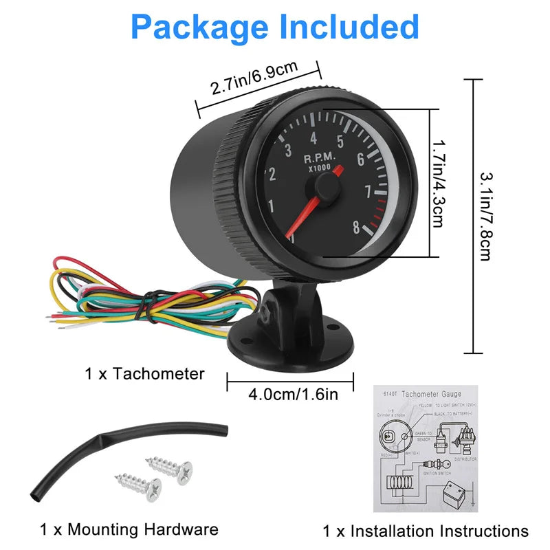 52mm Analog Tachometer RPM Gauge 0–8000 RPM White LED | Petrol Car Analog RPM Gauge Axl