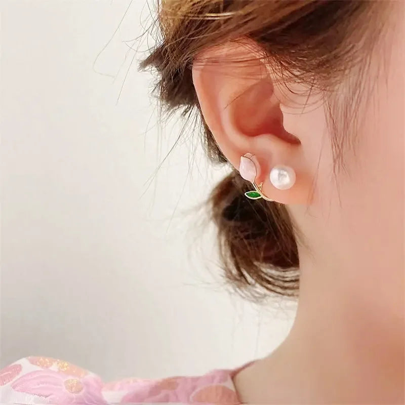 Huitan Pink Rose Stud Earrings with Imitation Pearl | Women Stud Earrings Axl